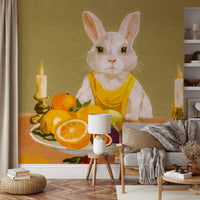 Living room with Bunny Candlelight Fruit Dinner Oil Painting Wall Mural