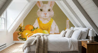 Bunny Candlelight Fruit Dinner Oil Painting Wall Mural with rabbit portrait and candlelit table