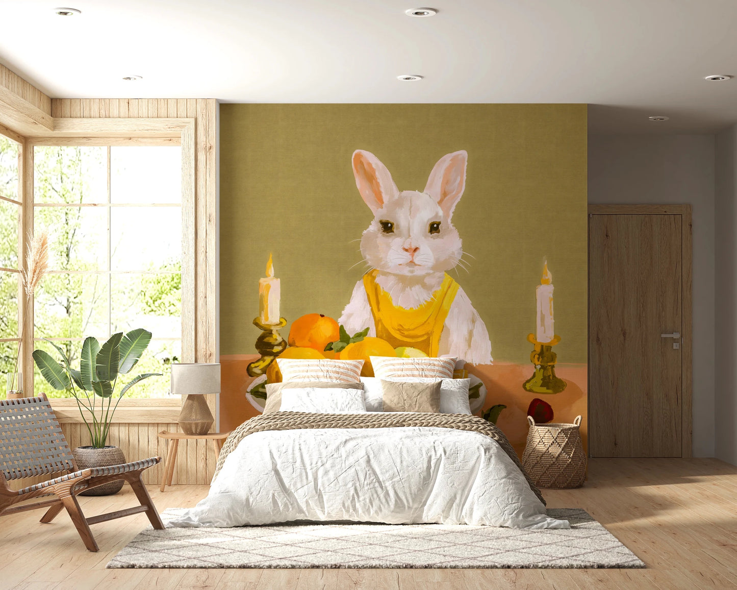 Bedroom with Bunny Candlelight Fruit Dinner Oil Painting Wall Mural