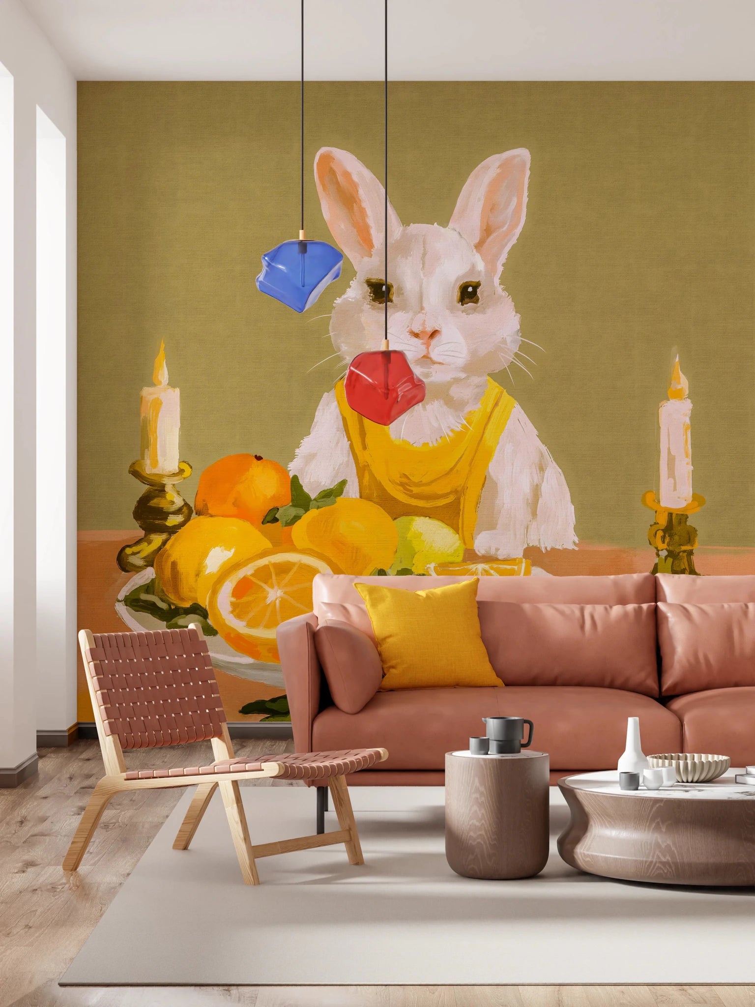 Cozy sitting room with Bunny Candlelight Fruit Dinner Oil Painting Wall Mural