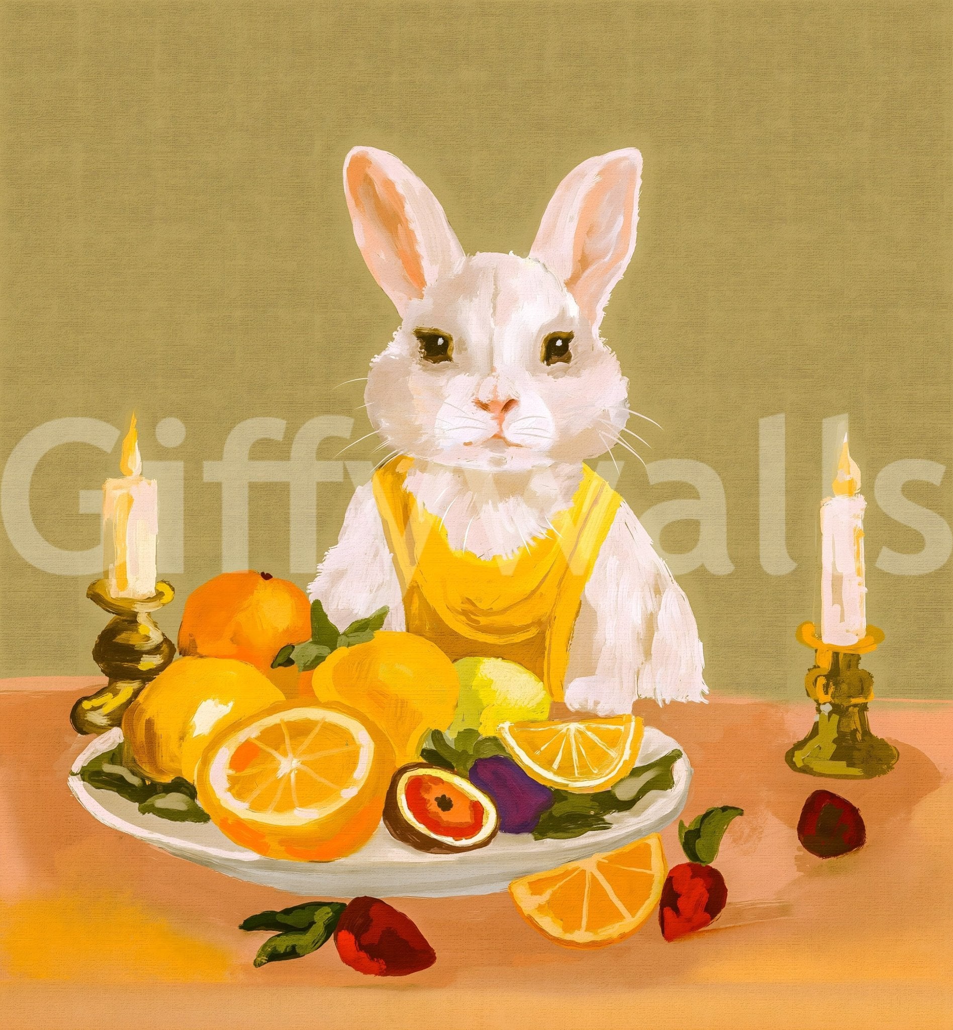 Bunny Candlelight Fruit Dinner Oil Painting Wall Mural showing fruit, candles, and oil-painted detail