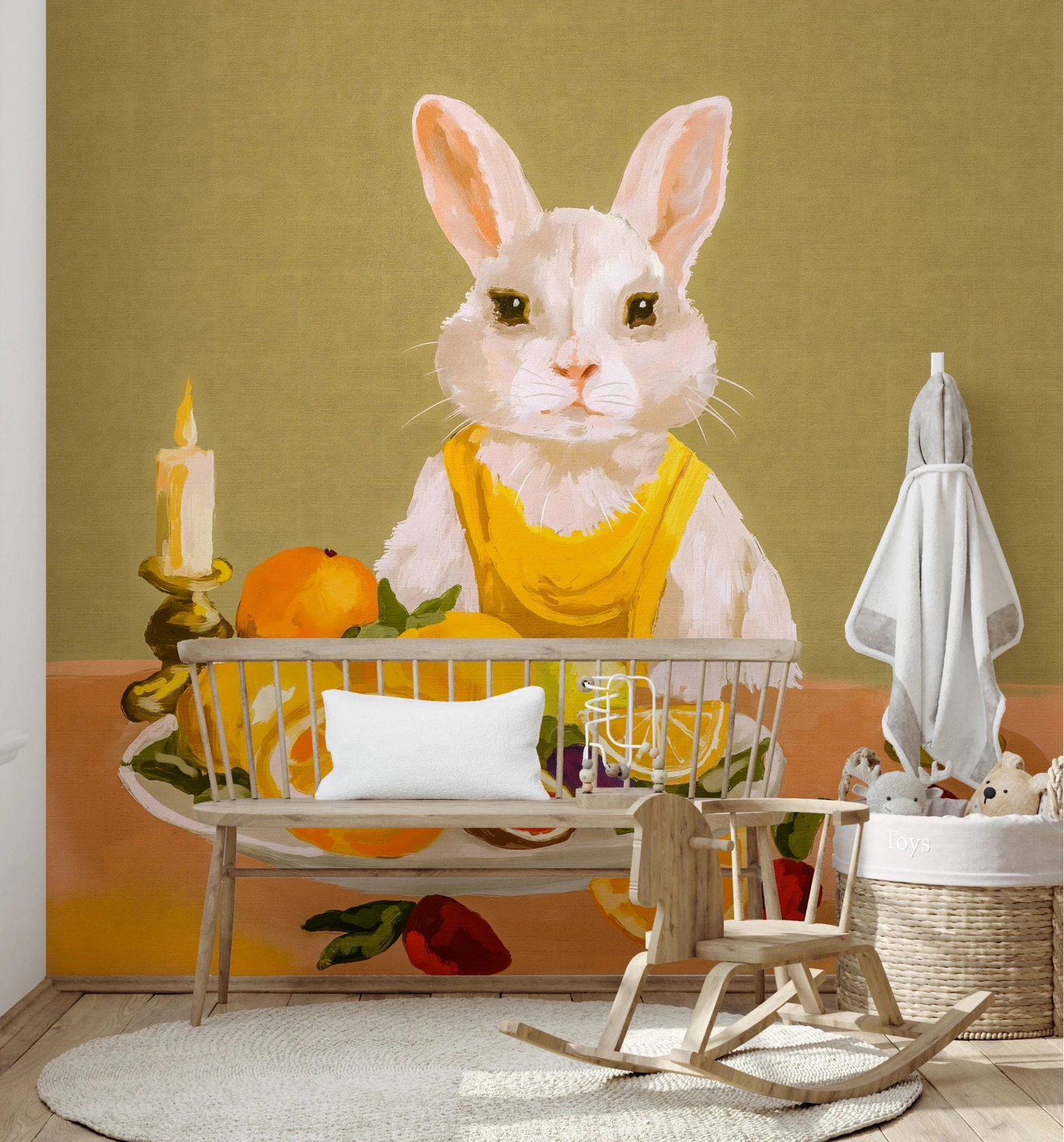 Kids room with Bunny Candlelight Fruit Dinner Oil Painting Wall Mural and soft play decor