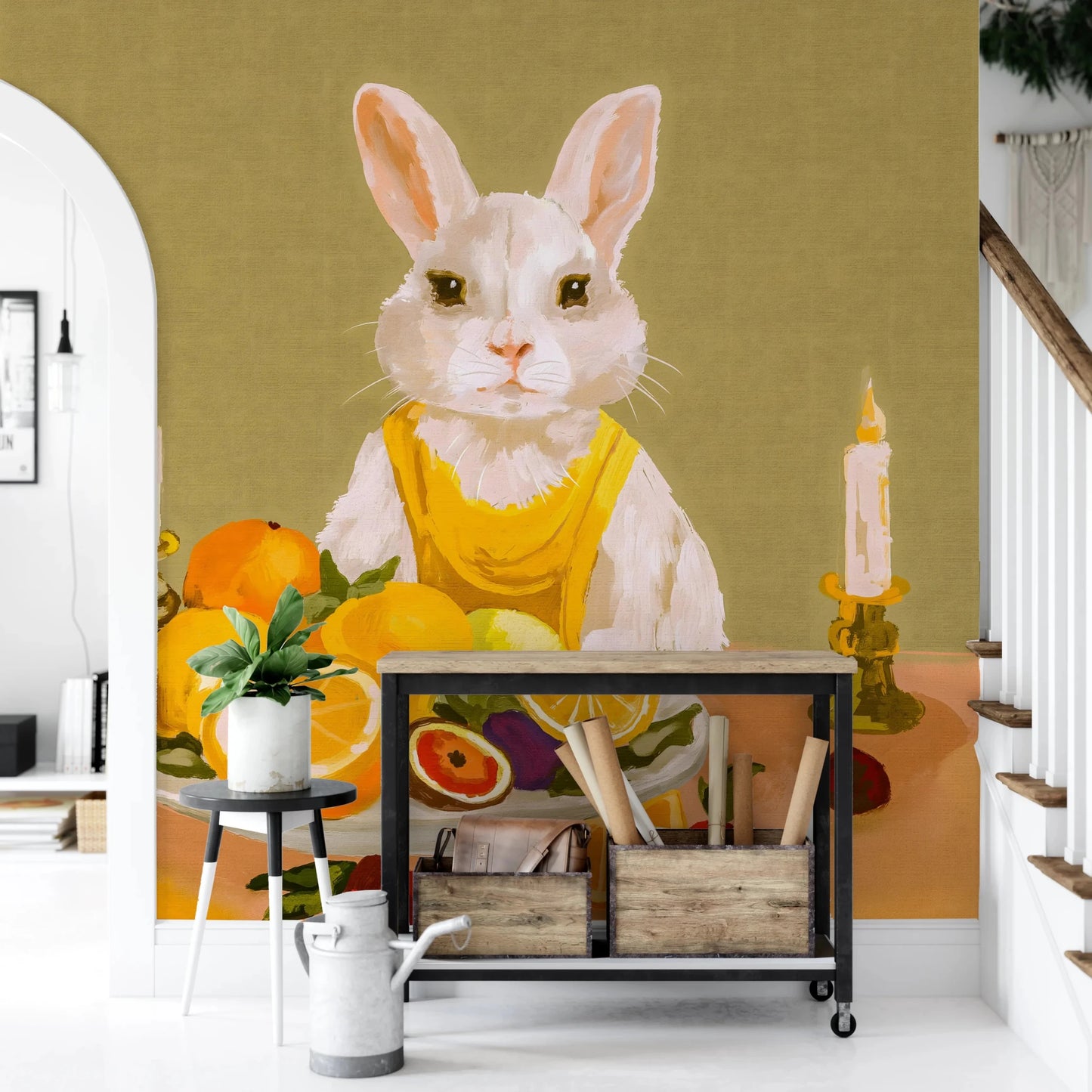 Study corner with Bunny Candlelight Fruit Dinner Oil Painting Wall Mural and desk