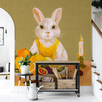 Study corner with Bunny Candlelight Fruit Dinner Oil Painting Wall Mural and desk
