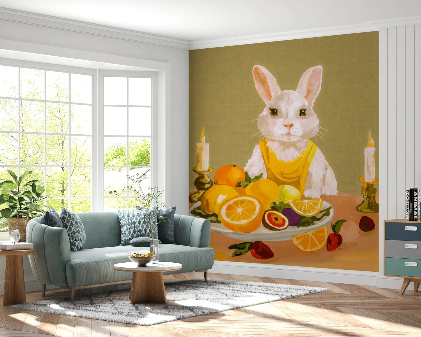 Sunlit living room with Bunny Candlelight Fruit Dinner Oil Painting Wall Mural