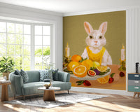 Sunlit living room with Bunny Candlelight Fruit Dinner Oil Painting Wall Mural