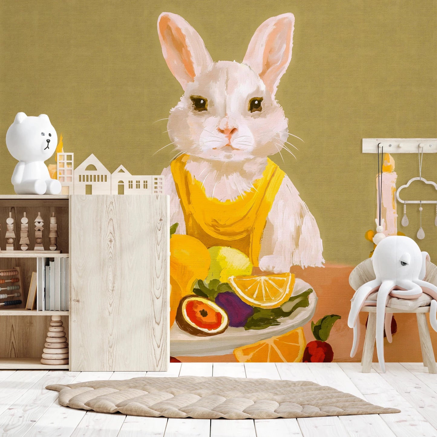 Nursery room with Bunny Candlelight Fruit Dinner Oil Painting Wall Mural and crib accents