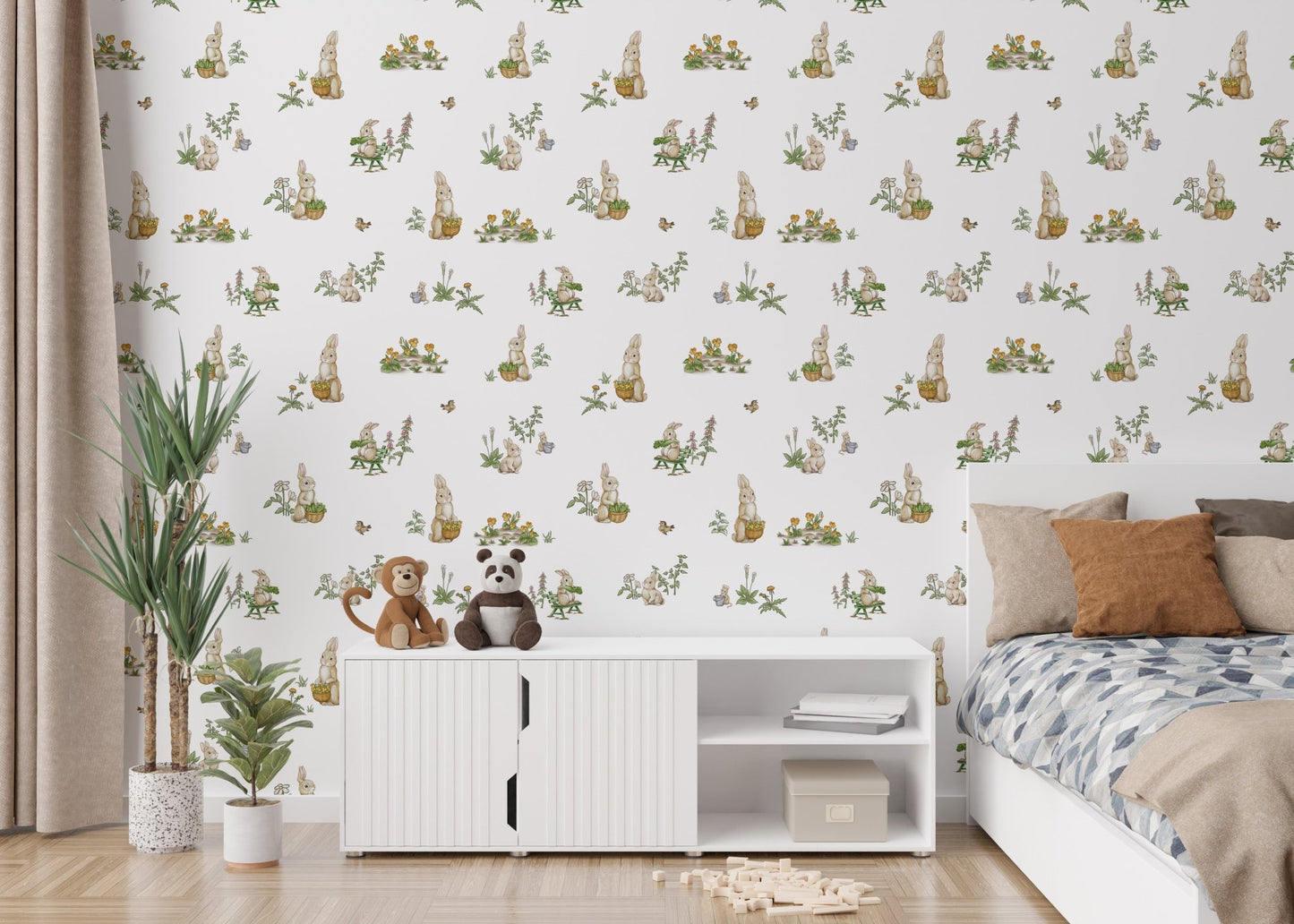 Whimsical bunny wallpaper for kids room
