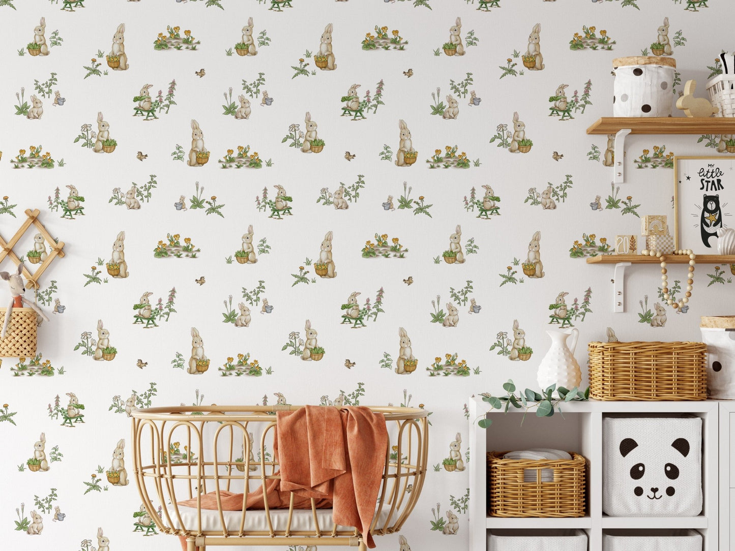 Playful bunny garden scene wallpaper
