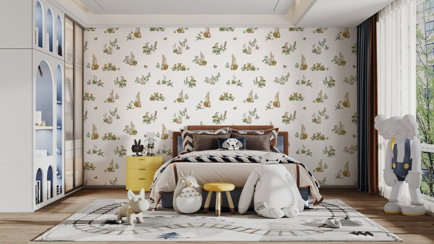 Watercolor rabbit wallpaper with florals
