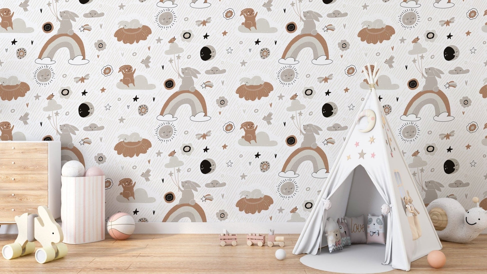 Kids wallpaper with bunnies and fluffy clouds