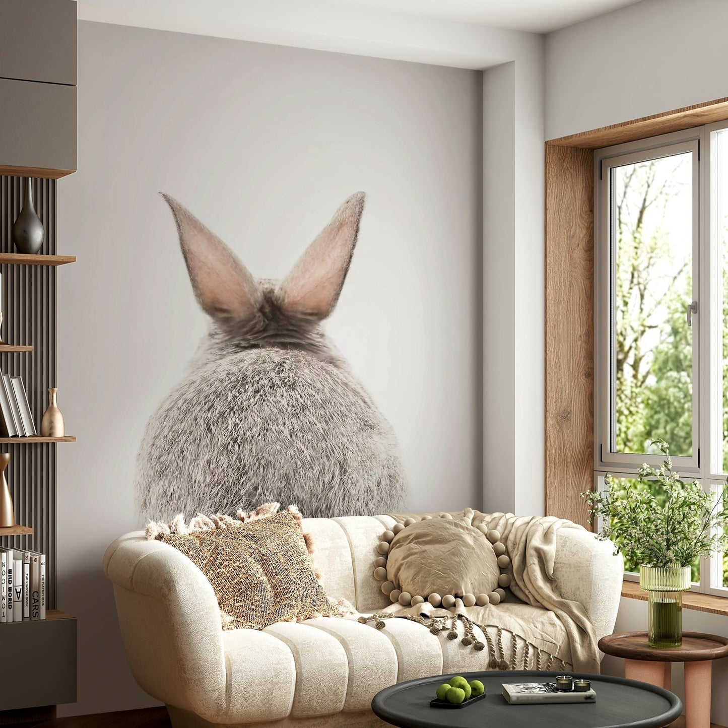 Bunny tail wall mural in a soft pastel design

