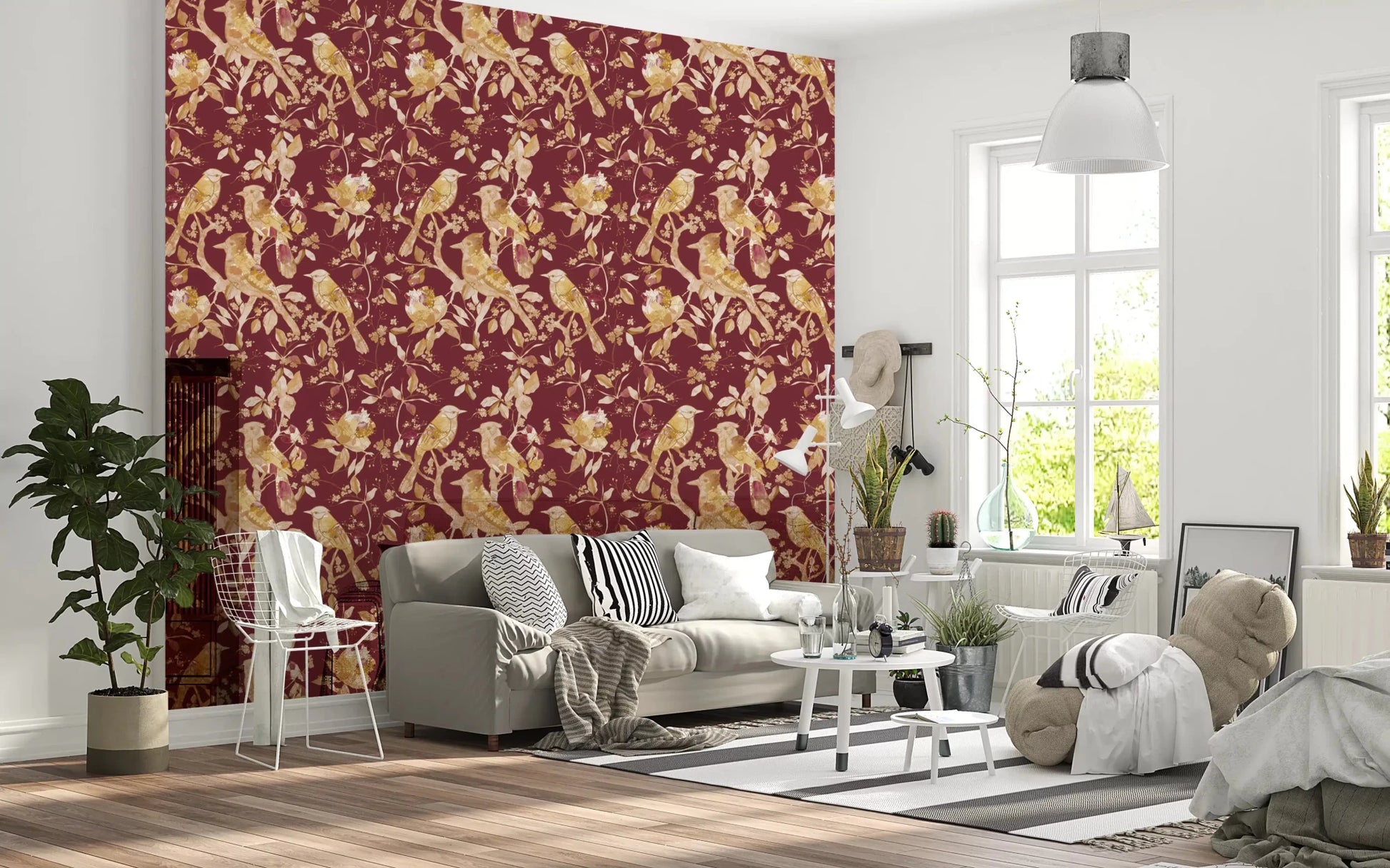 Hallway view of Burgundy Heritage Bird wallpaper in classic floral bird design, GD9470