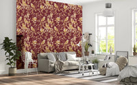 Hallway view of Burgundy Heritage Bird wallpaper in classic floral bird design, GD9470