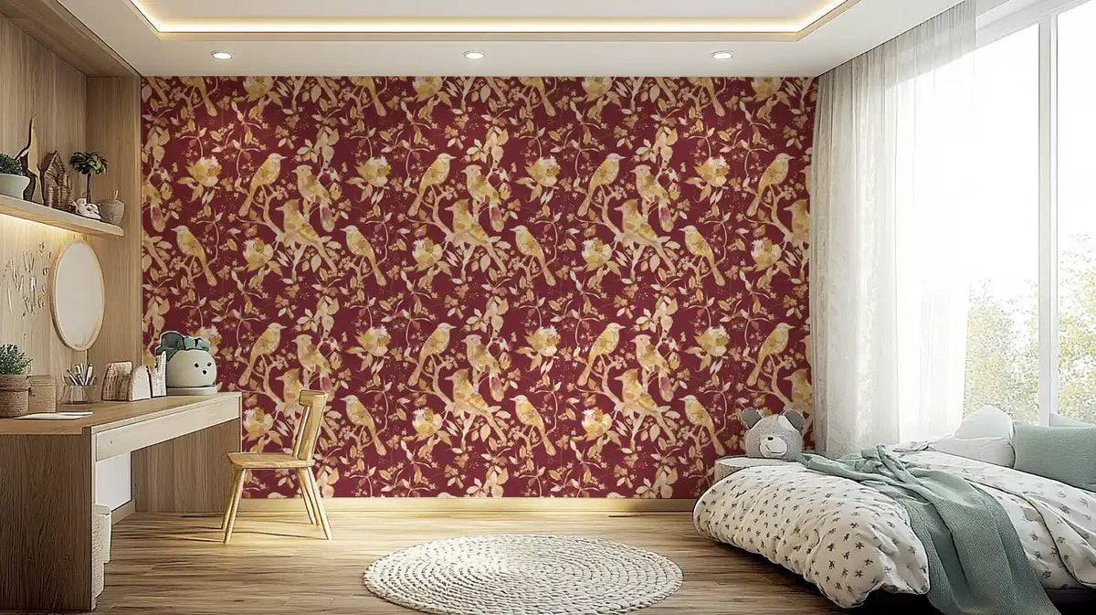 Bedroom Burgundy Heritage Bird wallpaper with vintage bird and floral pattern, GD9470