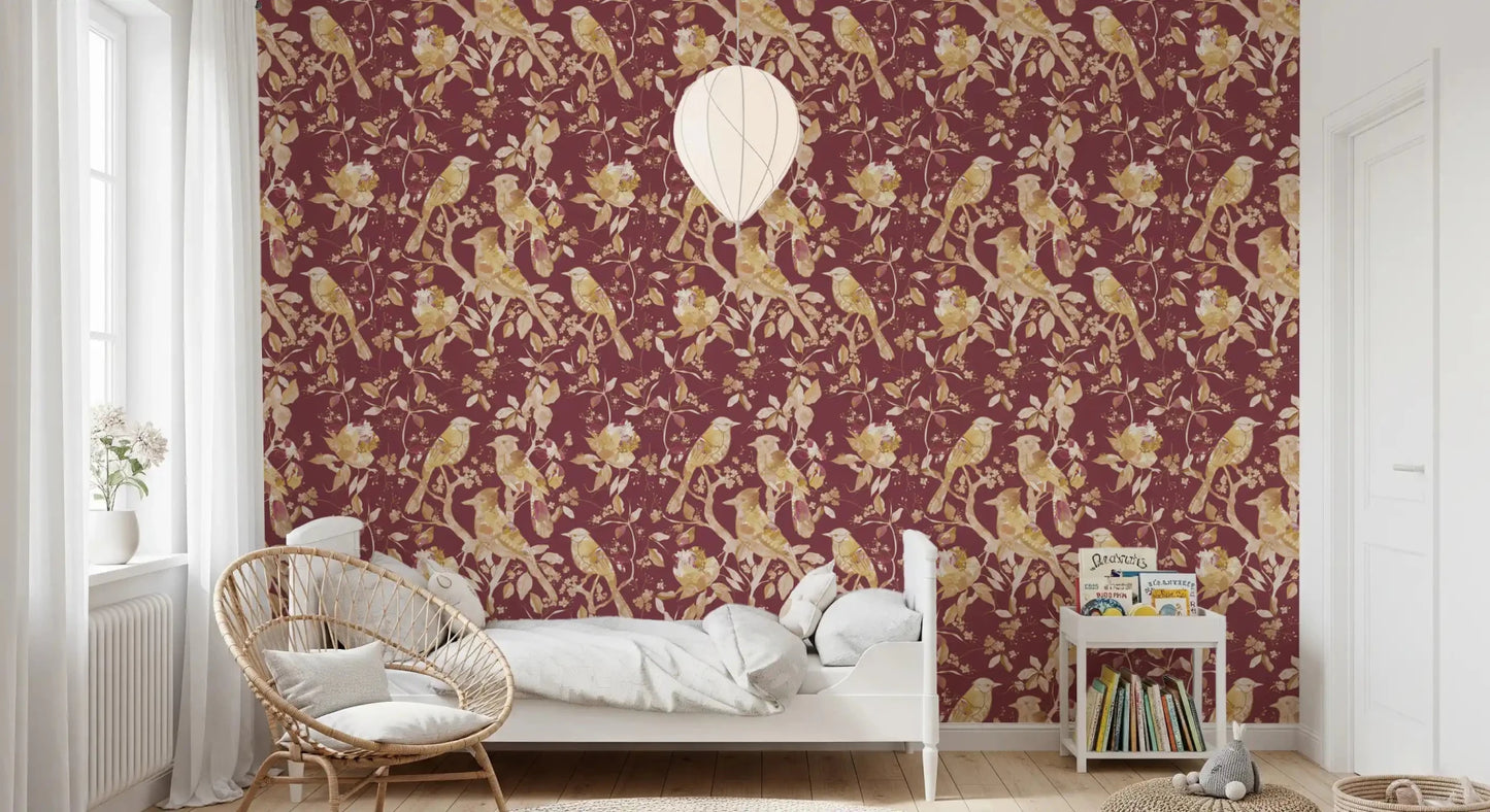 Classic Burgundy Heritage Bird wallpaper with elegant blooms and perched birds, GD9470