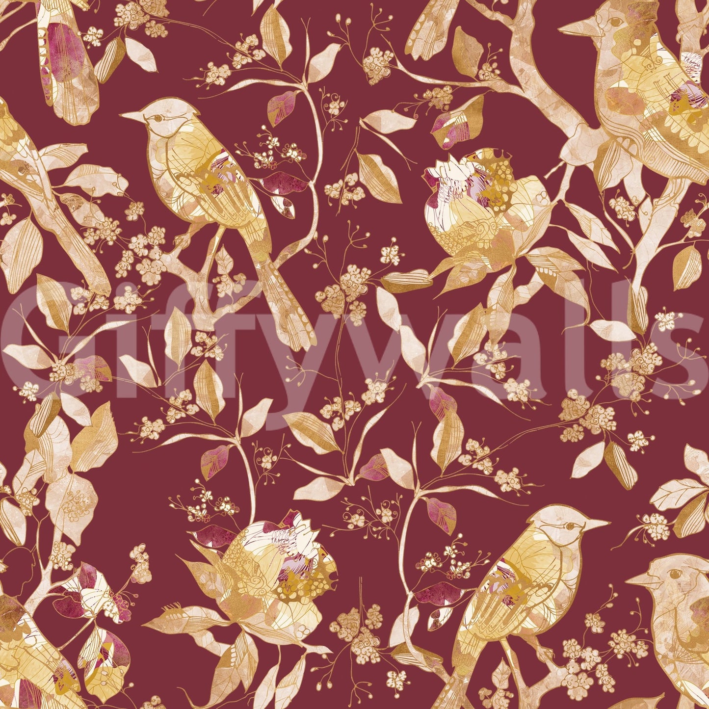 Burgundy bird wallpaper with vintage blossom pattern and graceful branch layout, GD9470
