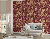 Decorative bird wallpaper with burgundy heritage style and floral branch artwork, GD9470