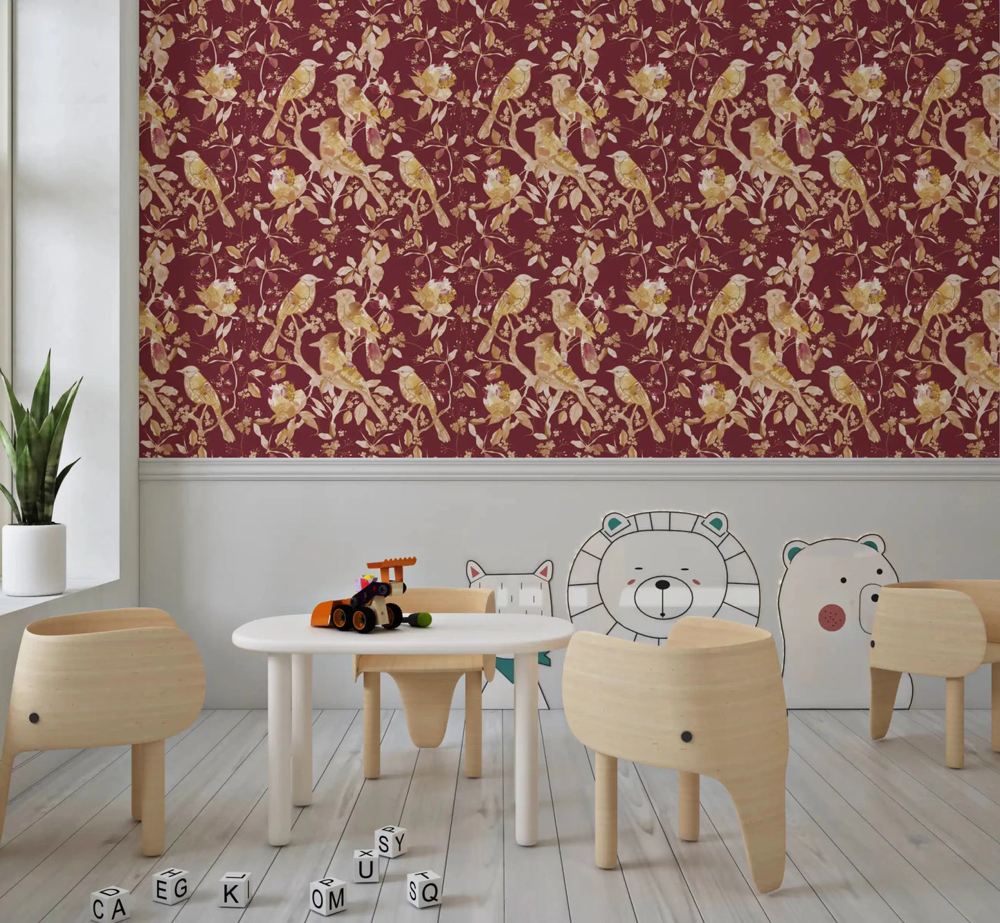 Vintage floral bird wallpaper in burgundy with heritage pattern and soft gold tones, GD9470