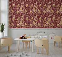 Vintage floral bird wallpaper in burgundy with heritage pattern and soft gold tones, GD9470
