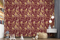 Heritage floral bird wallpaper with warm burgundy base and antique-inspired detail, GD9470