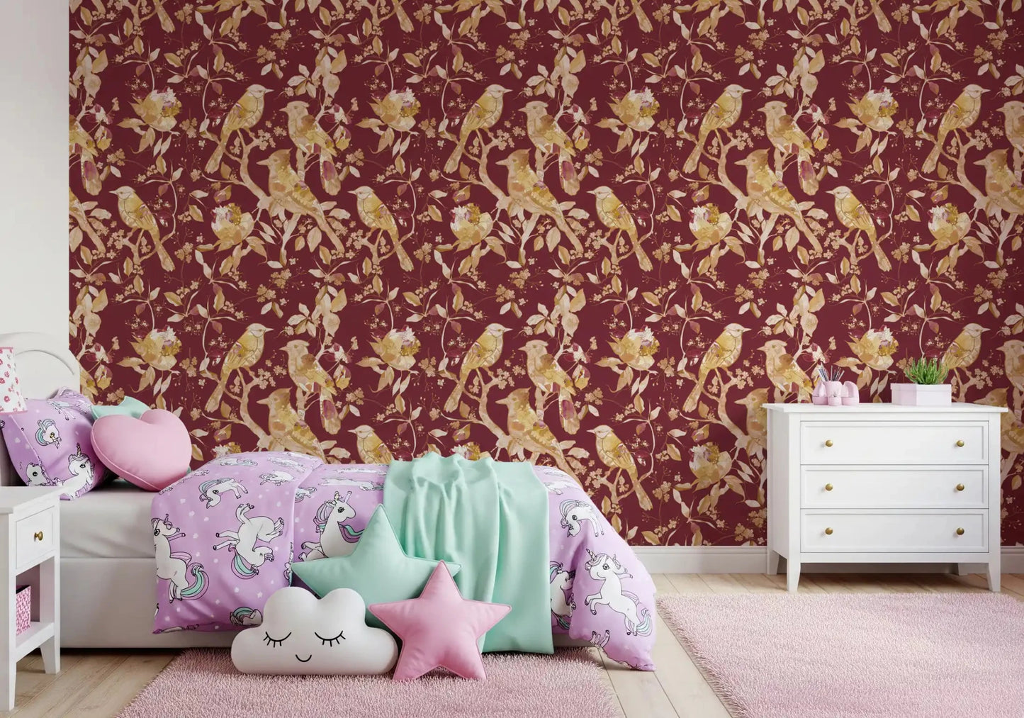 Burgundy Heritage Bird wallpaper featuring gold birds, blossoms, and vine branches, GD9470