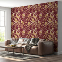 Living room styled in Burgundy Heritage Bird wallpaper with blossom trail detail, GD9470