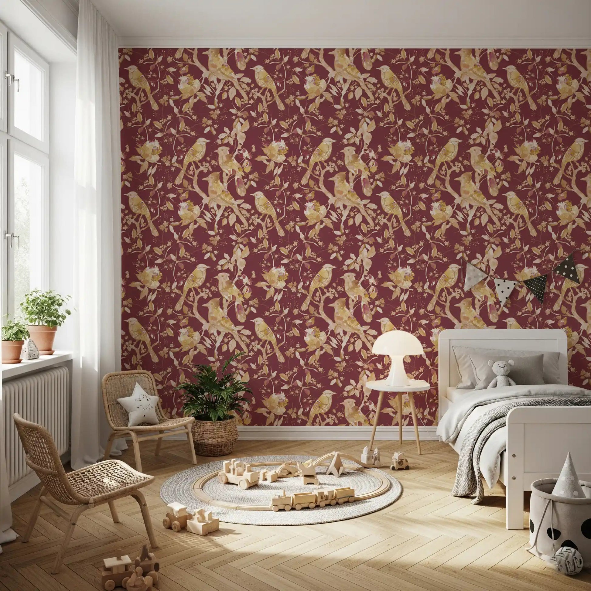 Rich burgundy wallpaper showing heritage birds, blossoms, and detailed leaf forms, GD9470