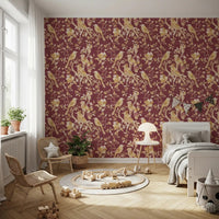 Rich burgundy wallpaper showing heritage birds, blossoms, and detailed leaf forms, GD9470