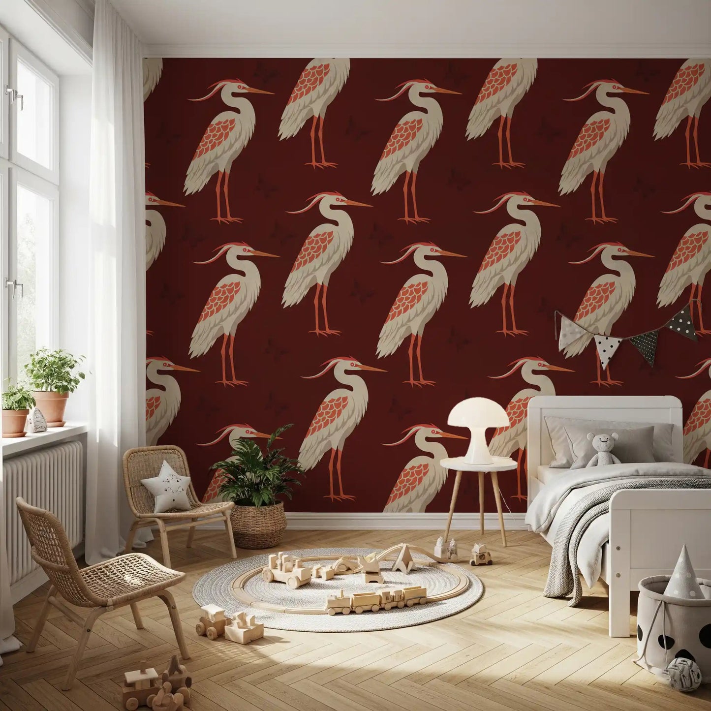 Kids room with Burgundy Heron wall mural rich tones