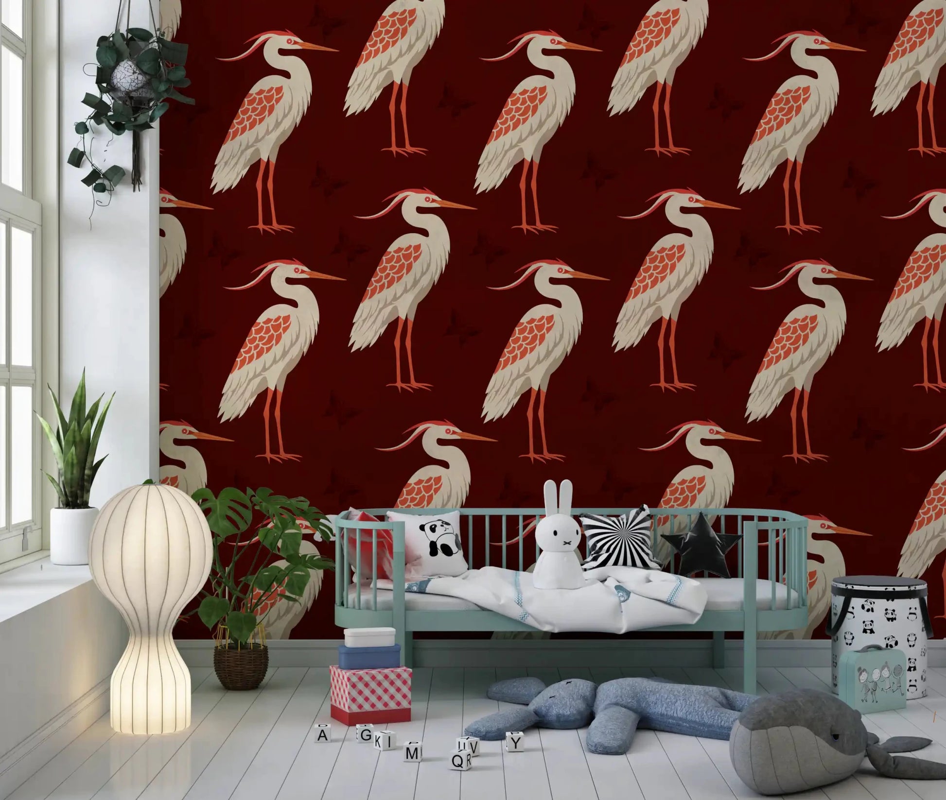 Elegant heron pattern in Burgundy Heron wall mural design