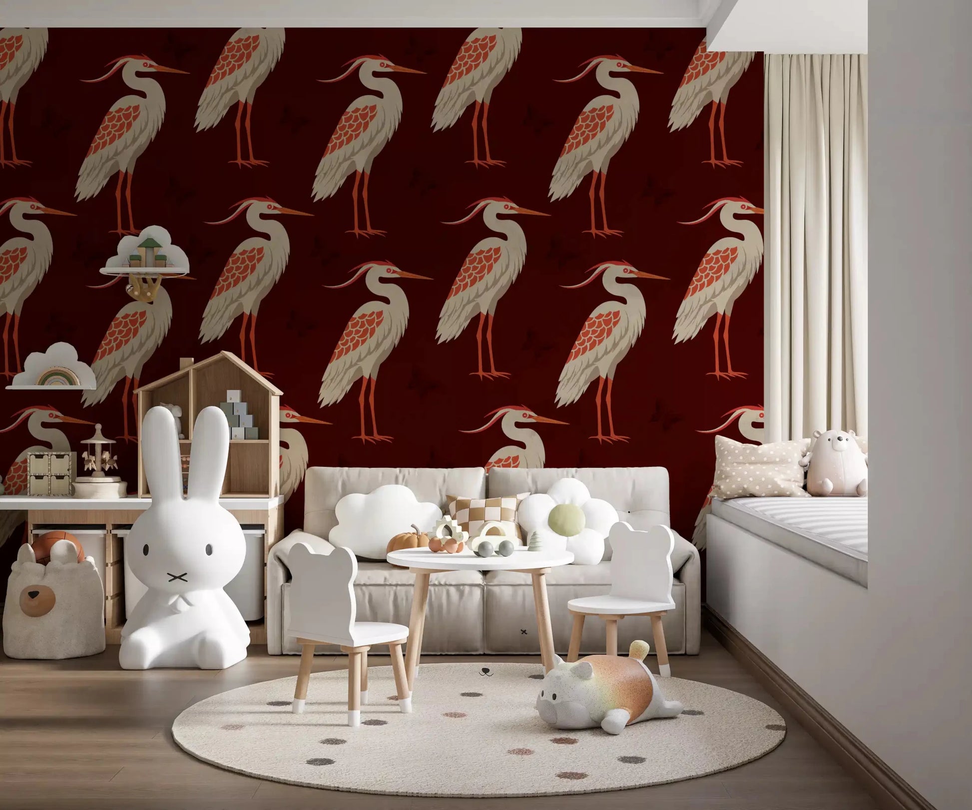 Structured repeat design in Burgundy Heron wall mural