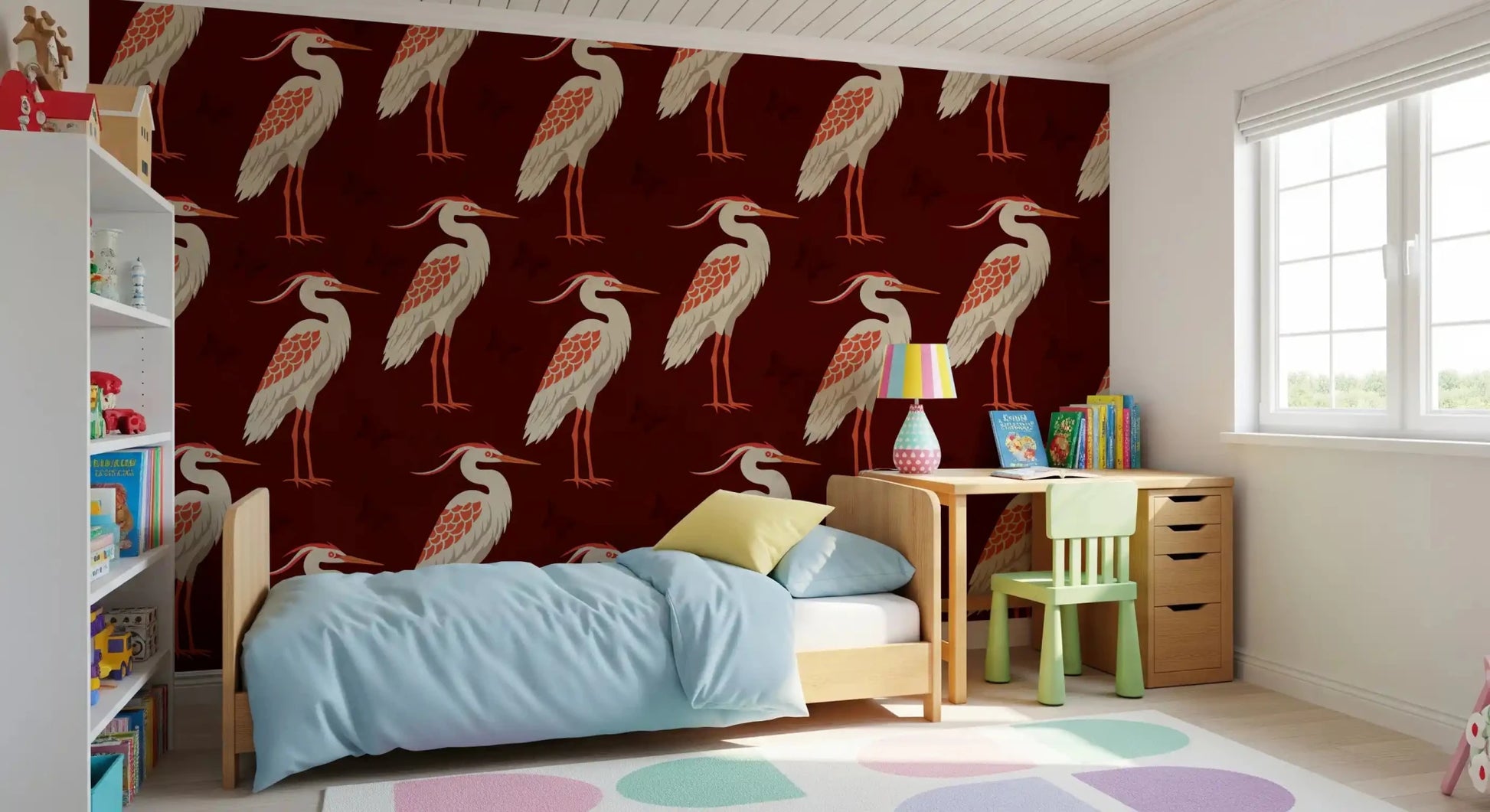 Butterfly accents in Burgundy Heron wall mural pattern