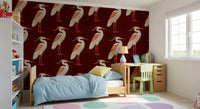 Butterfly accents in Burgundy Heron wall mural pattern