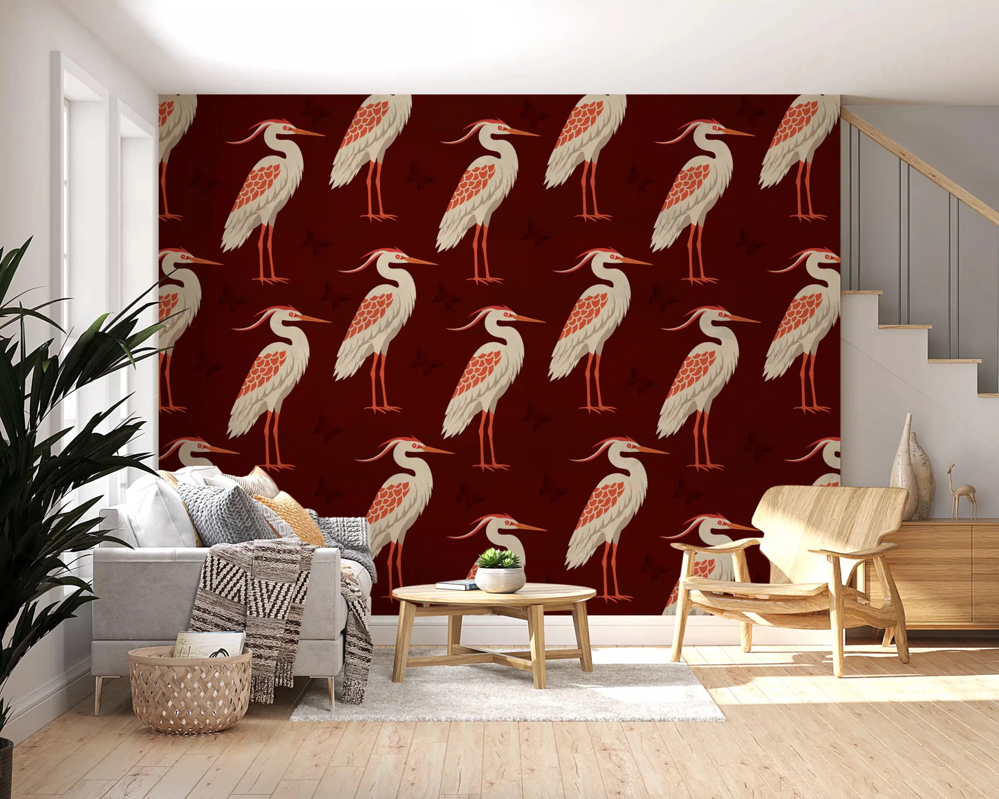 Living room with Burgundy Heron wall mural repeat pattern