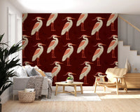 Living room with Burgundy Heron wall mural repeat pattern