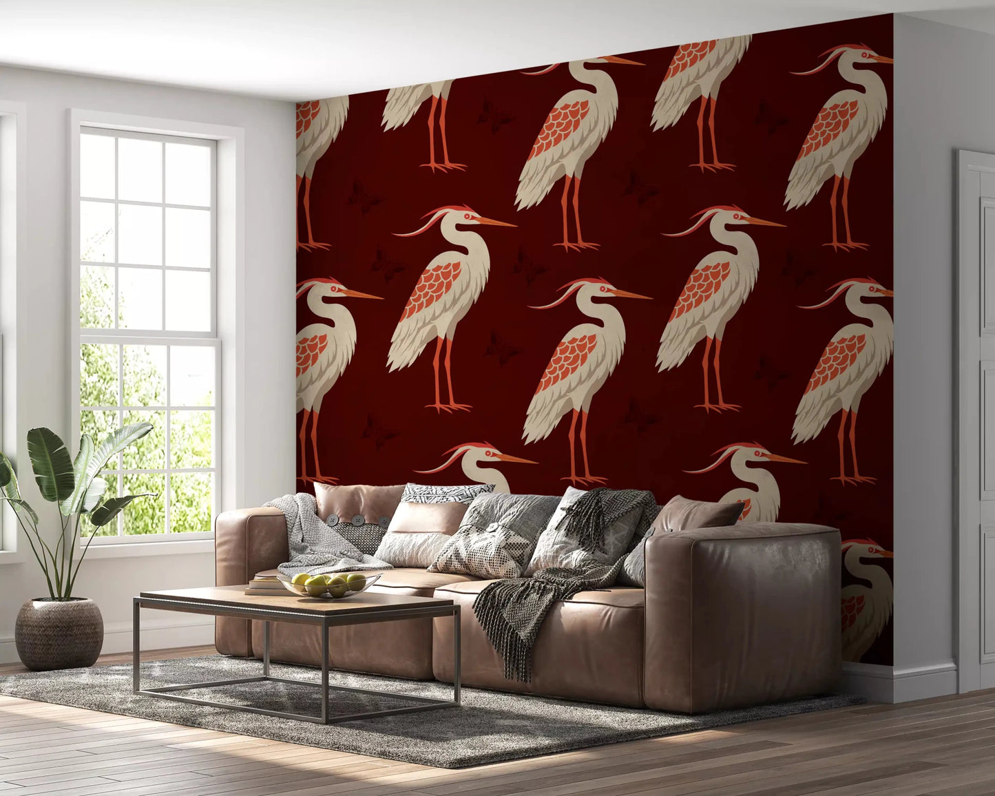 Hallway featuring Burgundy Heron wall mural and butterflies