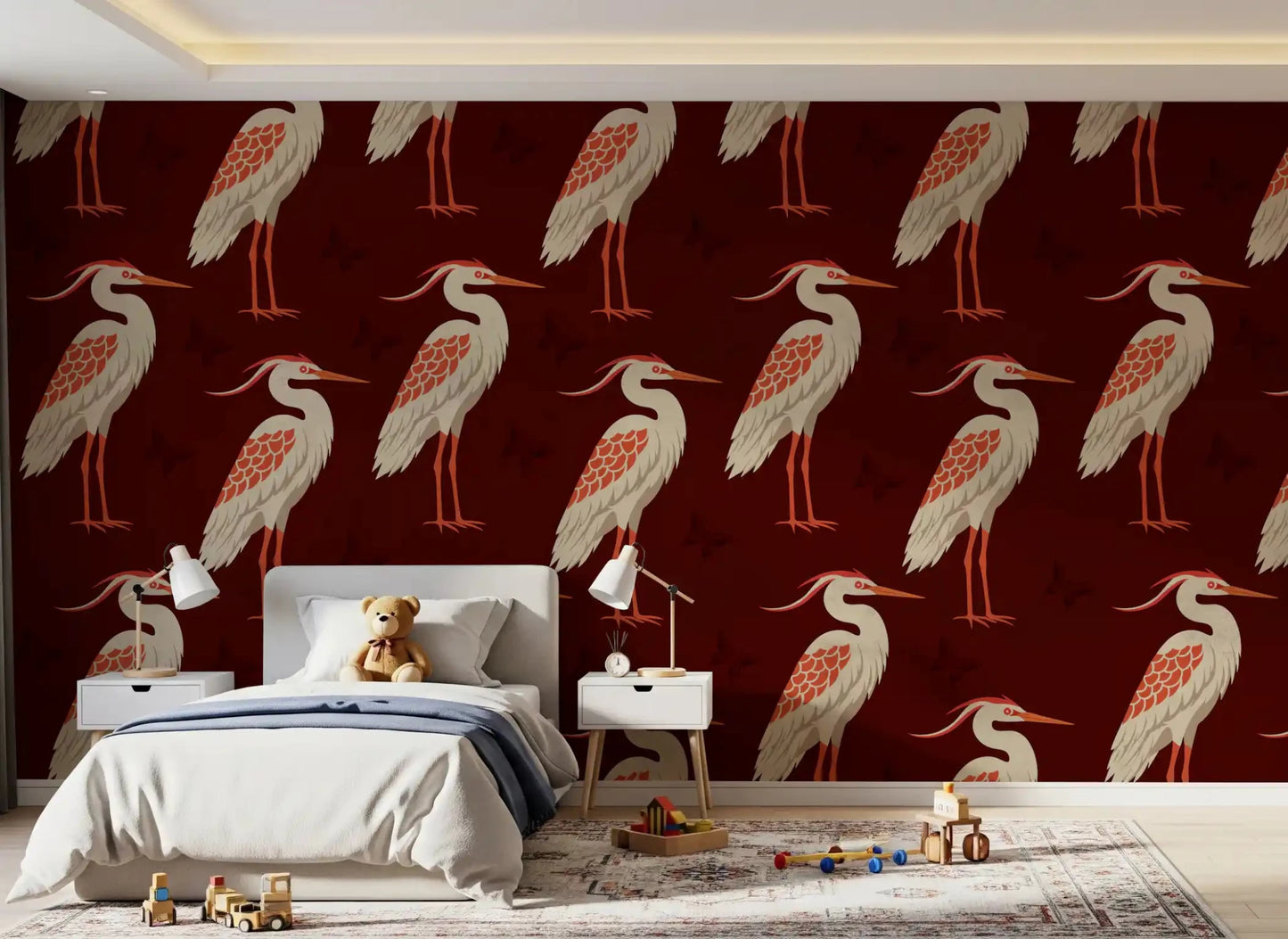 Deep burgundy base in Burgundy Heron wall mural style