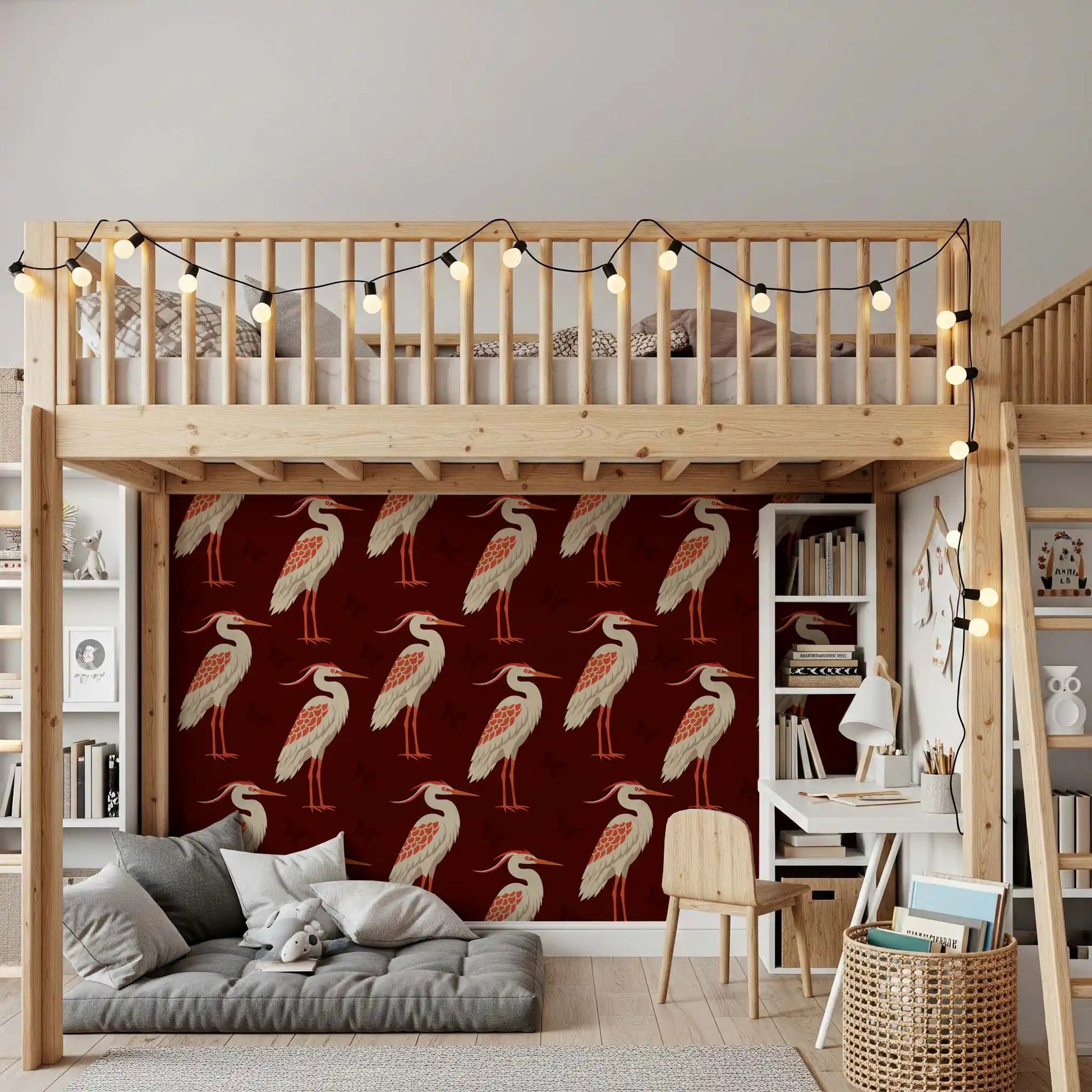 Repeating birds in Burgundy Heron wall mural artwork