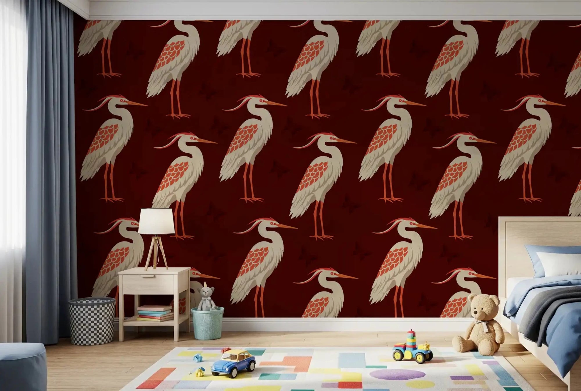 Bedroom styled in Burgundy Heron wall mural bird design, GD9132