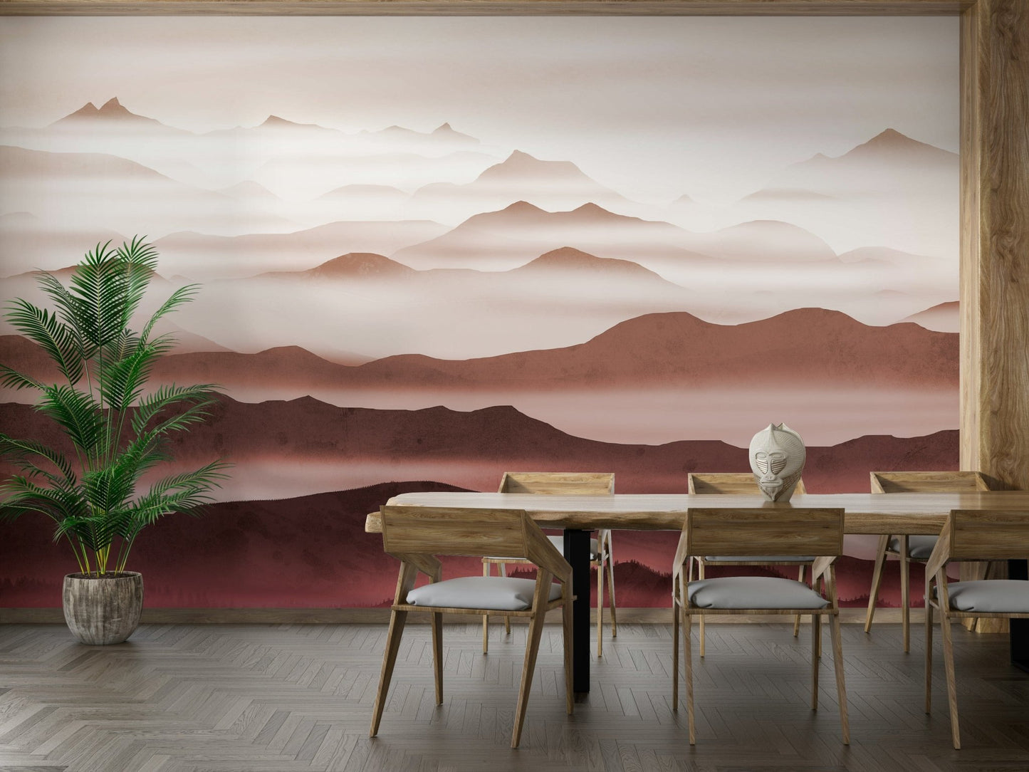 Warm burgundy hills in fog mural

