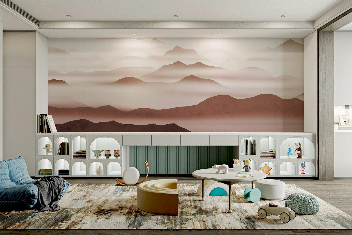 Peaceful layered peaks in red mural

