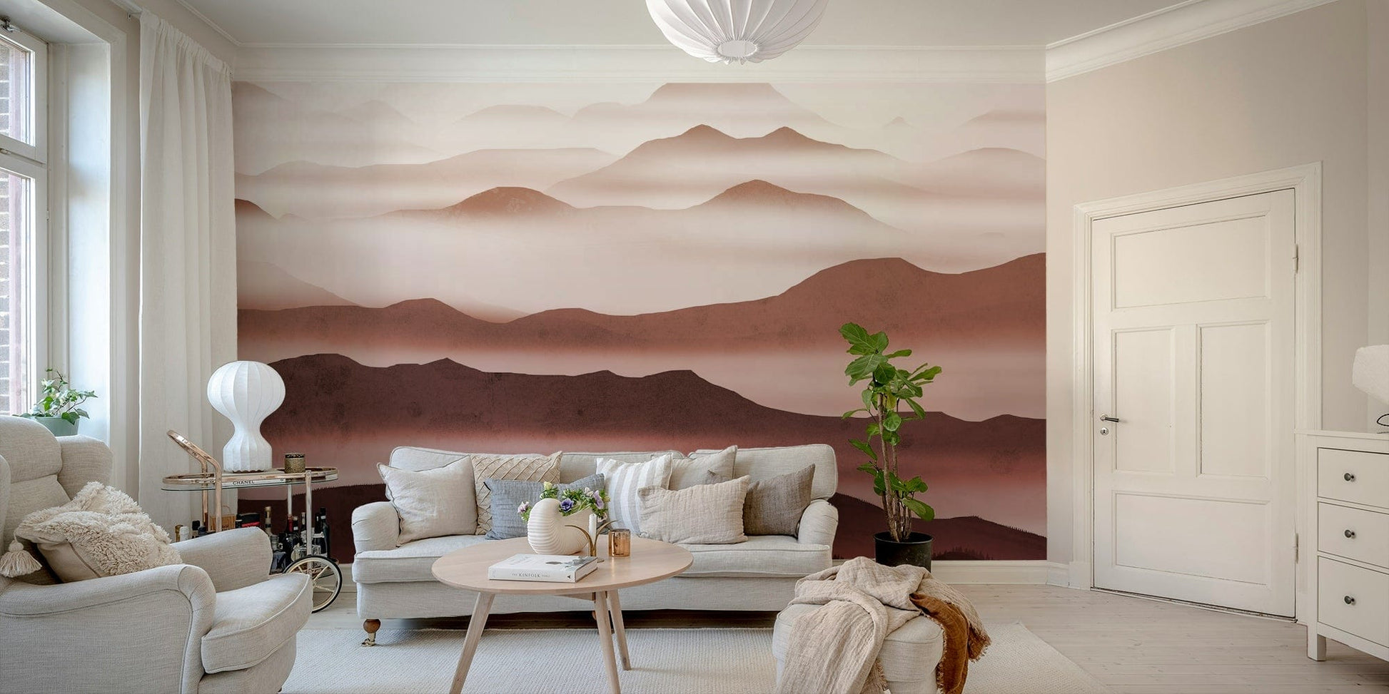 Wallpaper of red forest and hills

