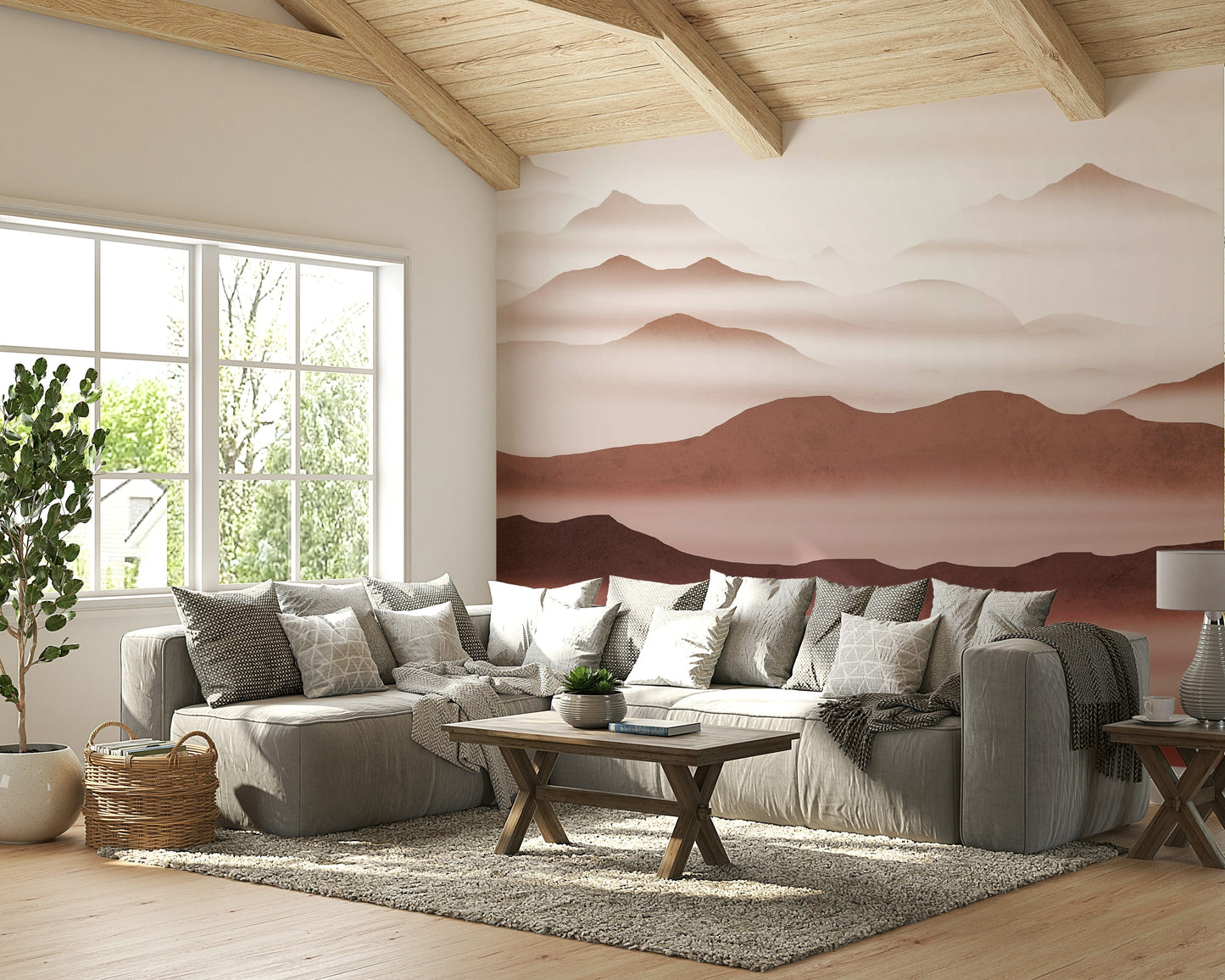 Misty mountain range in red tones mural

