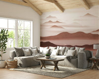 Misty mountain range in red tones mural


