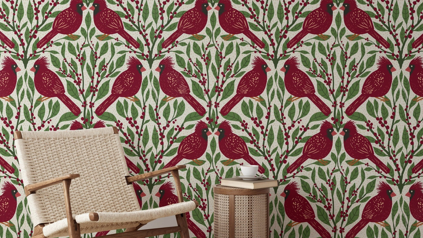 Nature-themed cardinal wallpaper in rich burgundy tones.
