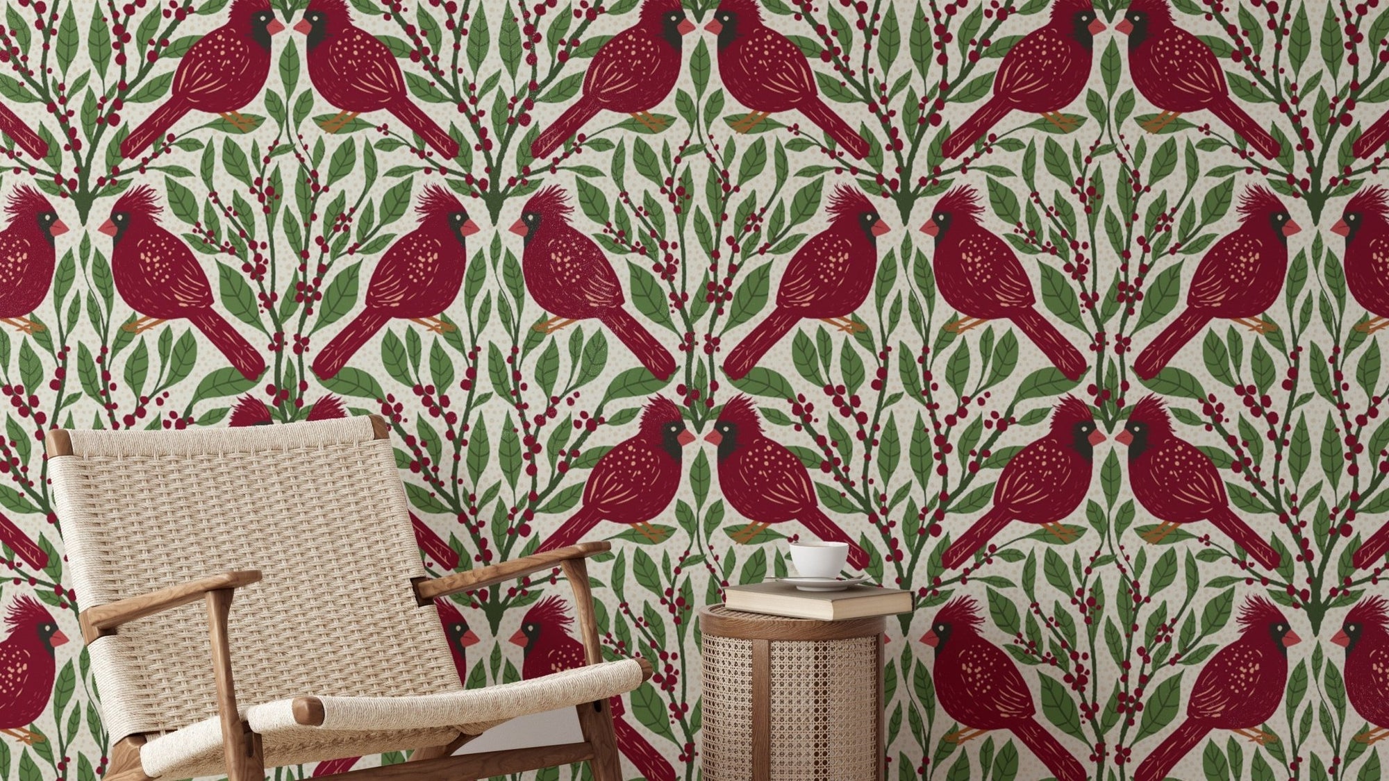 Nature-themed cardinal wallpaper in rich burgundy tones. RNM15

