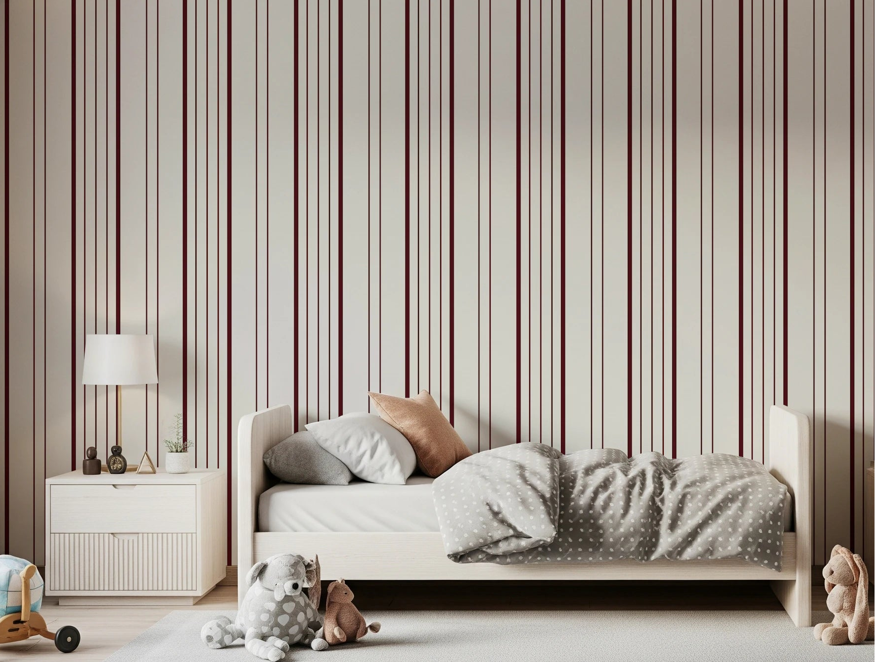 Bedroom styled with Burgundy Stripe Wallpaper and soft vertical red line pattern, GD8222