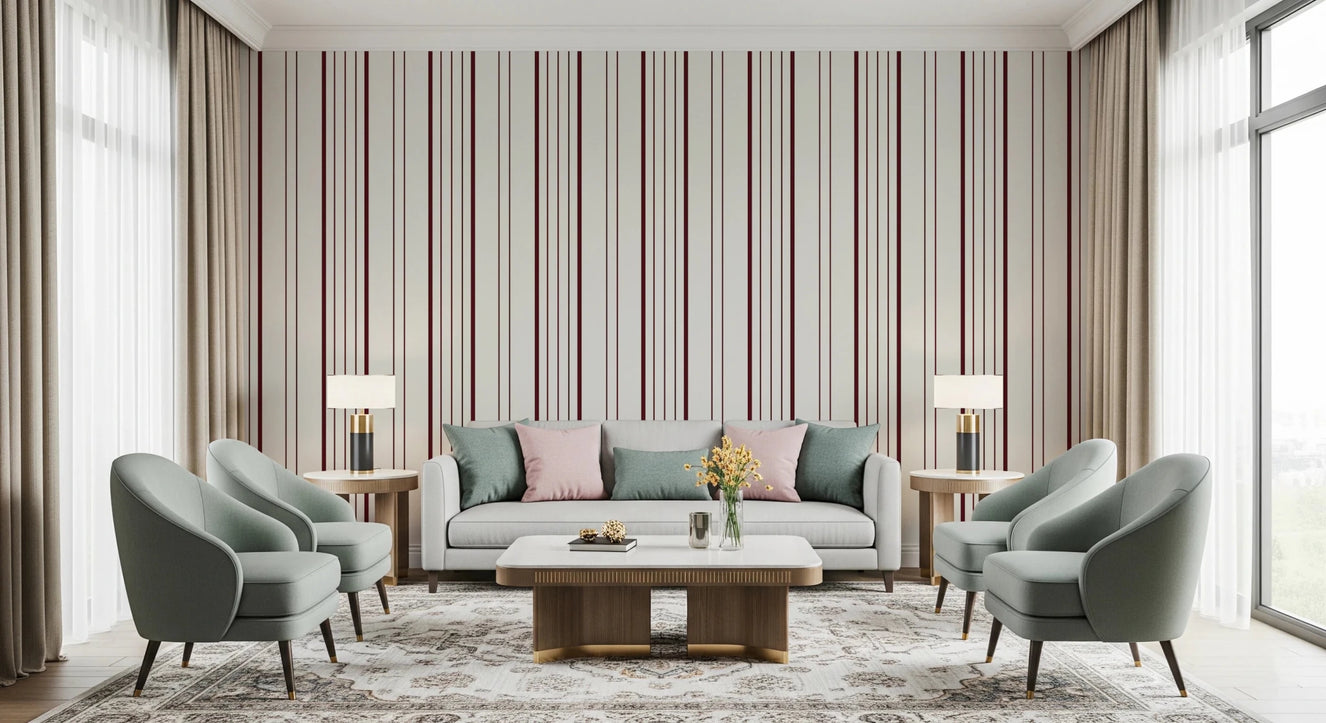 Living room featuring burgundy stripe wallpaper with balanced modern furniture