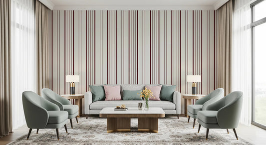 Living room featuring burgundy stripe wallpaper with balanced modern furniture